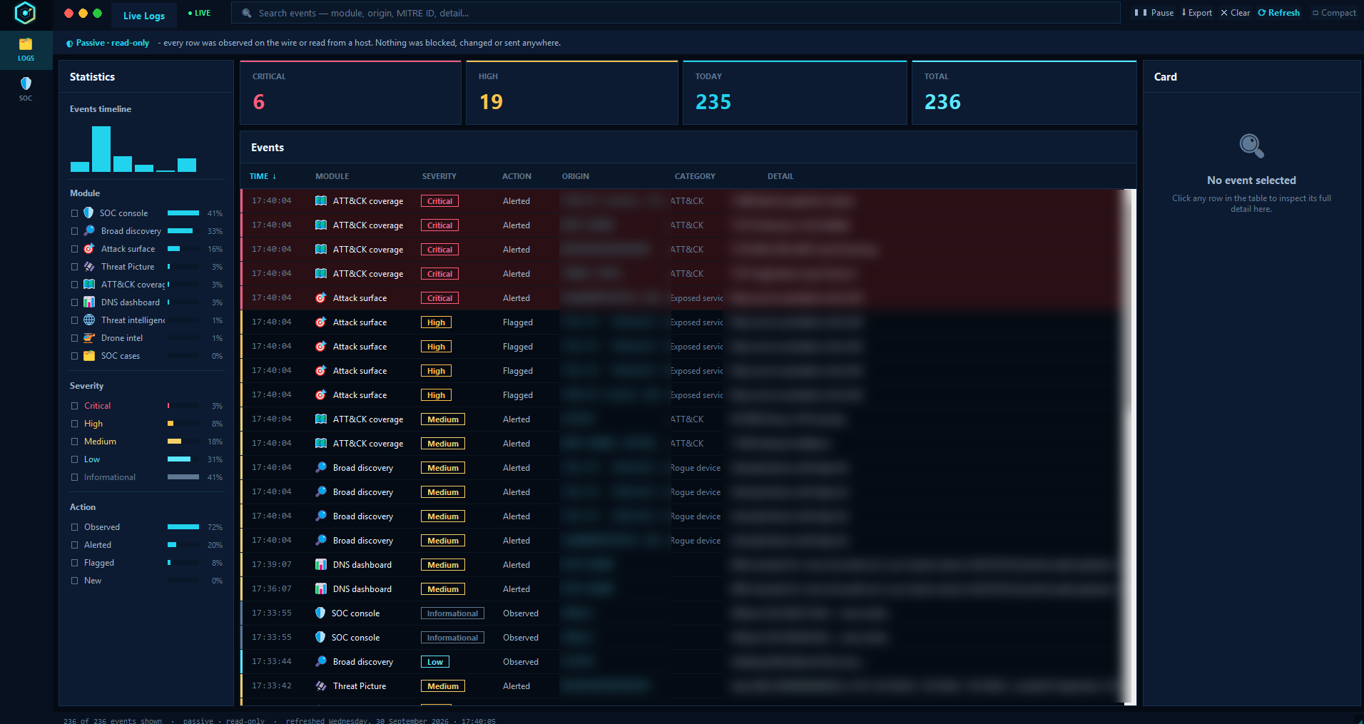 Live event log - every observed event with severity, module and ATT&CK mapping (data redacted)