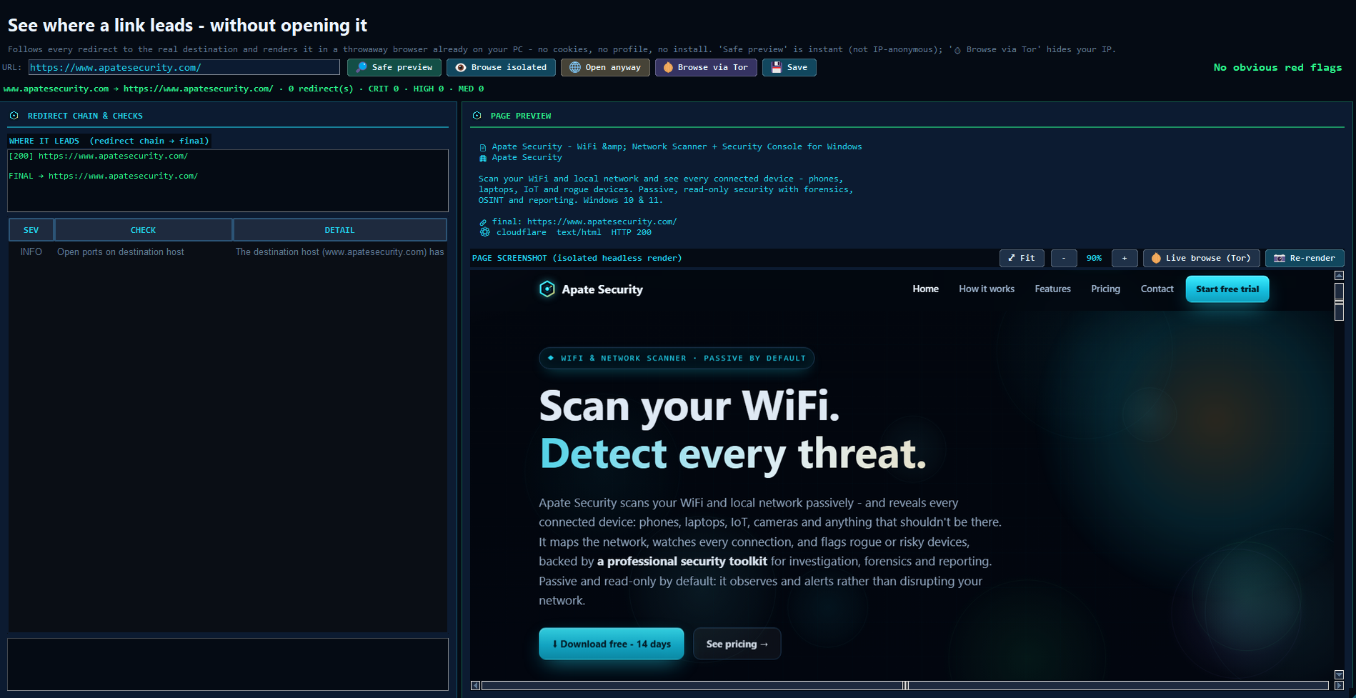 Safe Link Inspector - resolves a link's real destination and scores it, without opening it